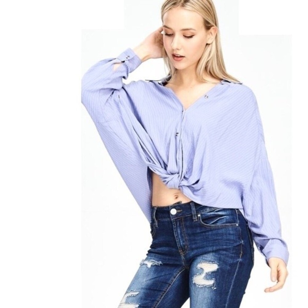 Emory Park Twisted Front Collared Blue Shirt S NWT